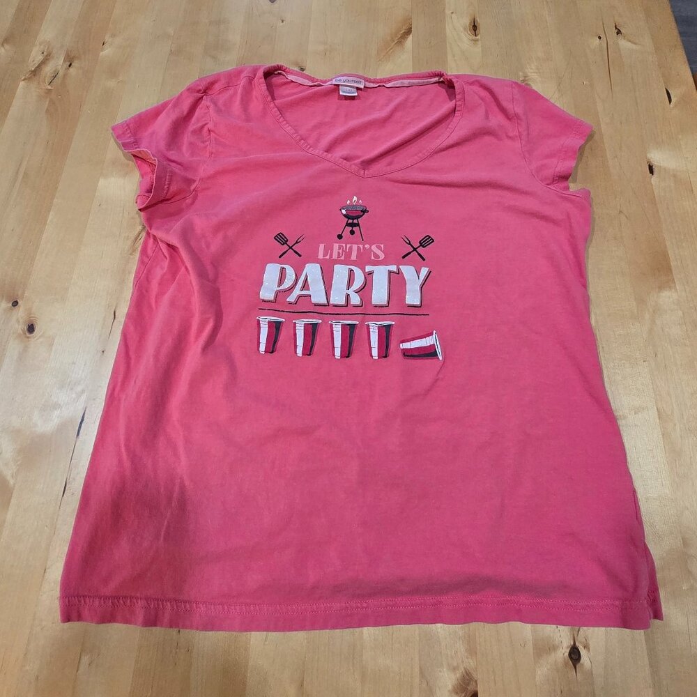 Be Yourself Sleepwear Womens Sz L Short Sleeve pajama Shirt Pink Red Cup Party